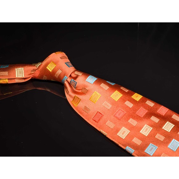 Jhane Barnes 100% Silk Tie Orange Turquoise Geometric Men's Designer Necktie - Picture 1 of 5